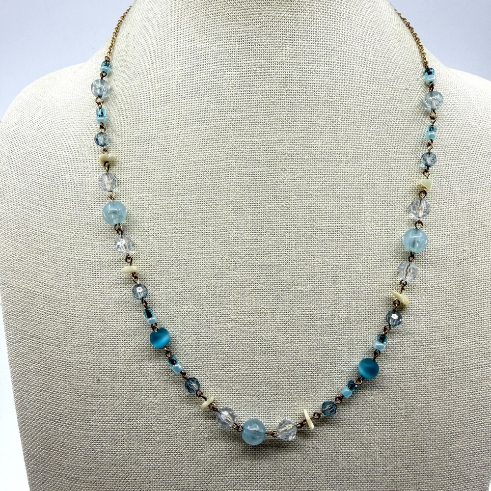 New York & Co Blue Clear Glass Bead Cream Shell Chip Gold Tone Chain Necklace